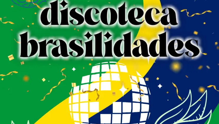 An image with the text discoteca brasilidades written in bold, black letters. Below the text is a disco ball with a yellow and green background, adorned with golden confetti and streamers. The design reflects a festive party atmosphere.