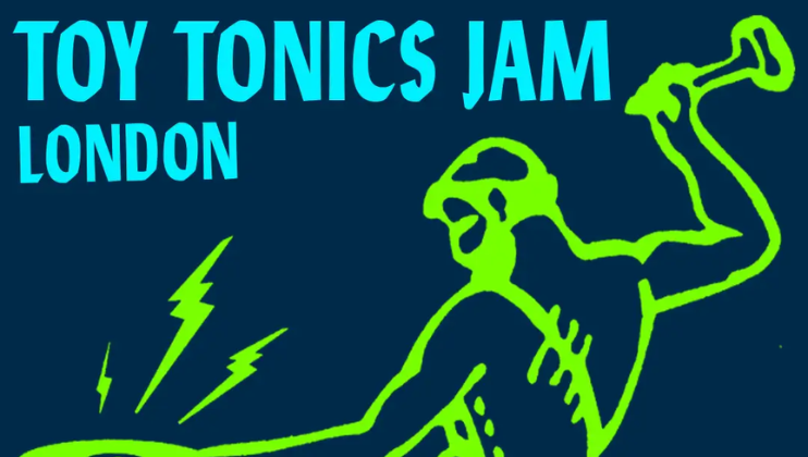 A stylized graphic poster for Toy Tonics Jam London featuring an abstract, green figure drawing on a dark background. The figure appears to be holding a tool in one hand and emitting lightning bolts from the other.