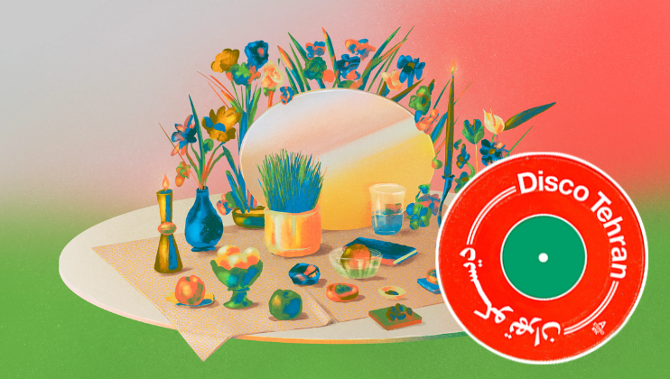 A festive table is adorned with traditional Nowruz items, including a mirror, candles, sprouts, and colorful flowers. A vibrant red vinyl record with Disco Tehran written in white is displayed on the right side against a green and red gradient background.