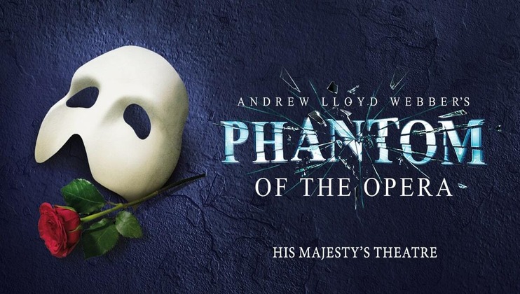 Poster for the Phantom Of The Opera. Image of a mask and a rose