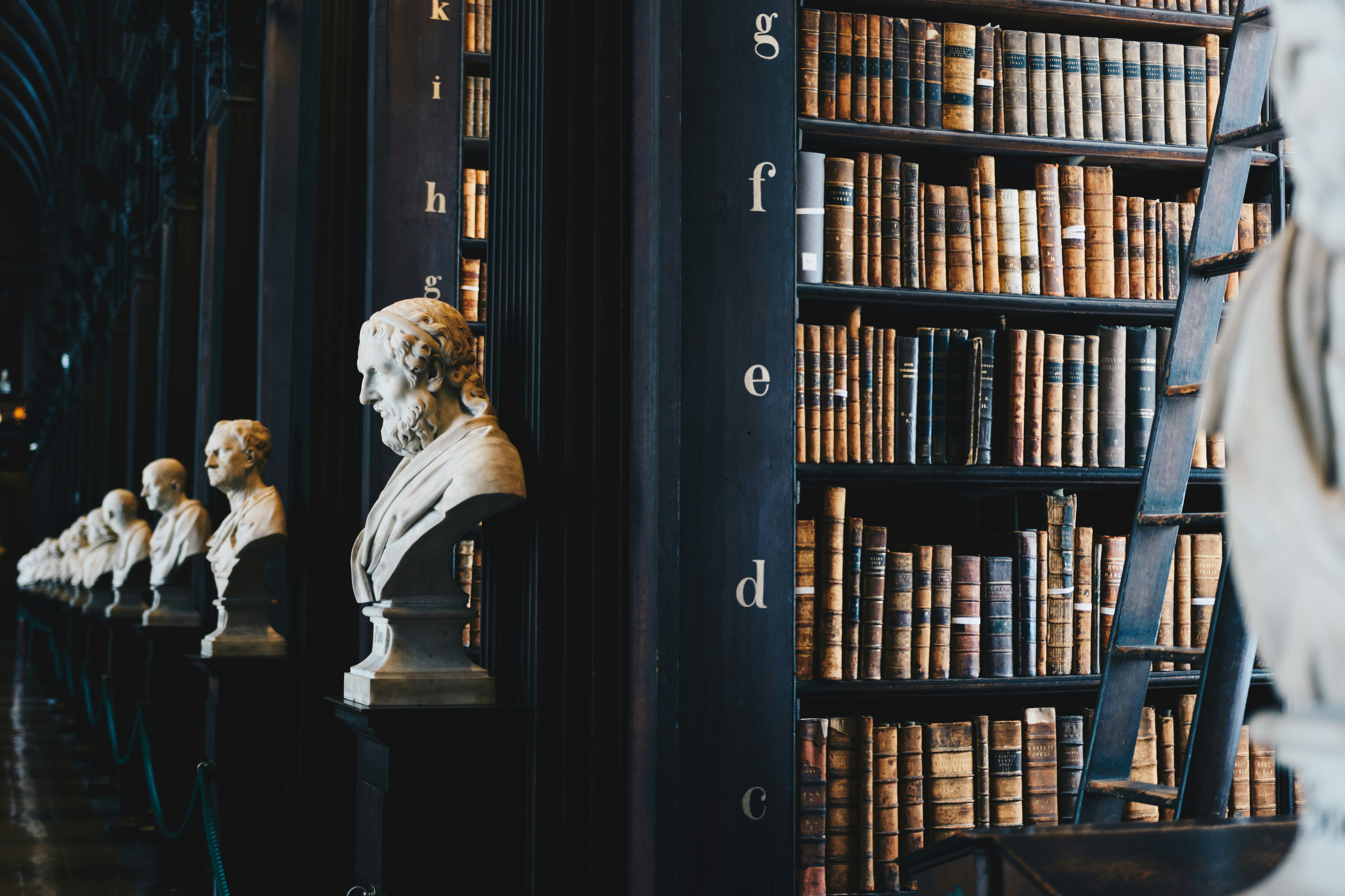 A library with tall, dark wooden bookshelves filled with old books. Busts of historical figures line the aisles, and a wooden ladder rests against one of the shelves, indicating access to higher volumes. Letter markers a through k are visible on the shelves.