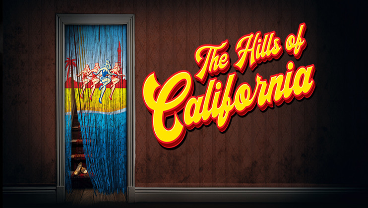 A dimly lit room with vintage wallpaper and a door partially concealed by blue curtains with a beach scene painted on them. Bold yellow and red text next to the door reads The Hills of California.