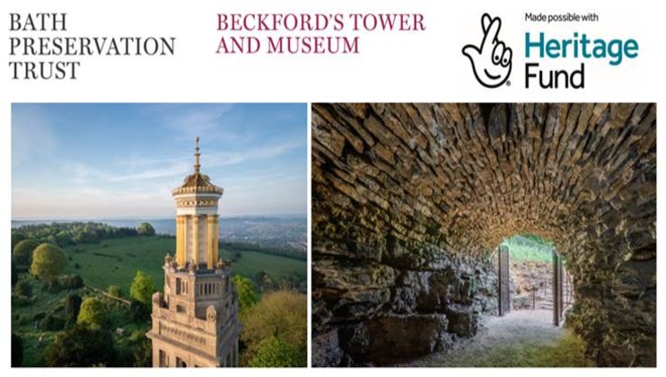 Composite image showing two photos related to Beckford's Tower and Museum. The left photo showcases the ornate, yellow Beckford's Tower against a green landscape. The right photo depicts an interior view of a stone-lined passageway. Logos for Bath Preservation Trust and Heritage Fund are present.