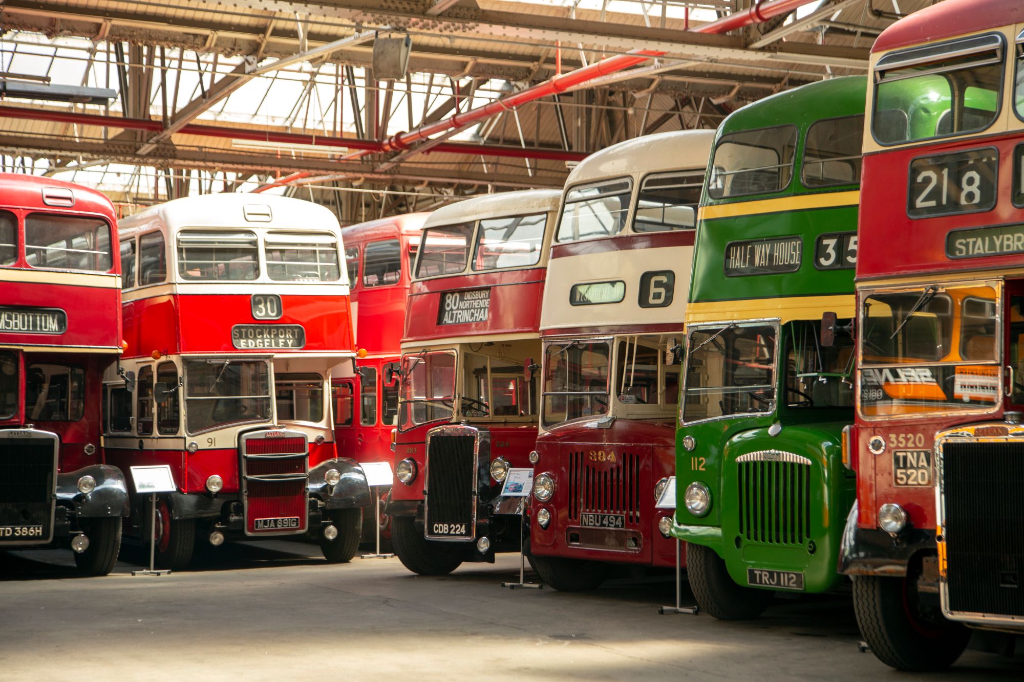 A row of vintage double-decker buses in various colors, including red, green, and cream, are lined up inside a spacious warehouse with a high ceiling and metal beams. The buses display different route numbers and destination signs on their fronts.