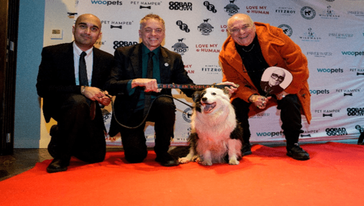 Three men and a happy Border Collie pose on a red carpet in front of a backdrop covered in logos and text. The man in the middle holds the dog's leash, and the man on the right wears an orange coat and has a beaming smile.