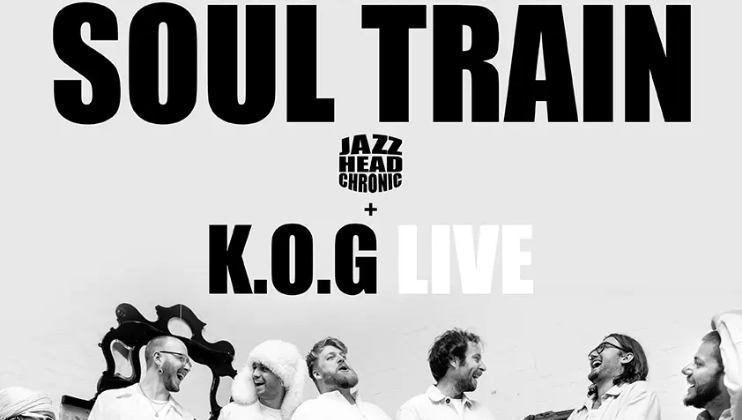 Black and white image featuring bold text at the top that reads SOUL TRAIN in large letters. Below, there are smaller text elements Jazz Head Chronic + and K.O.G LIVE. At the bottom, a group of people in white attire are joyfully interacting with each other.