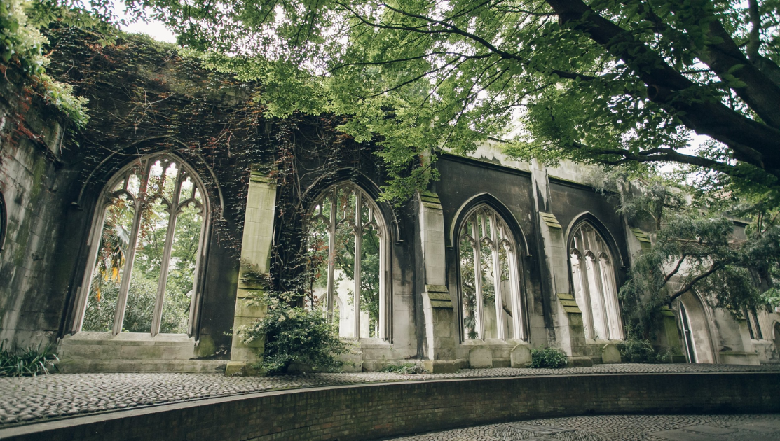 A photo of St Dunstan in the East, a spooky, Halloween-friendly bombed out church in London