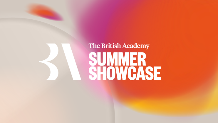 The British Academy Summer Showcase logo is centered on a blurred, gradient background with shades of orange, purple, and beige. The text is prominent and written in white, with The British Academy above SUMMER SHOWCASE.