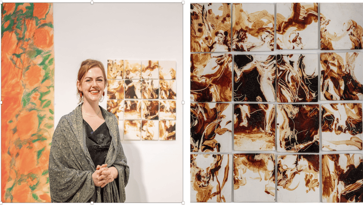 Zoe Andrews with her work The Dance That Swallowed Time. Egg yolk on porcelain tiles.
Photograph by Isabel Milligan, courtesy of the Royal Drawing School