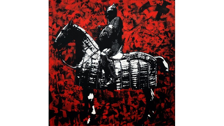 A monochrome knight in full armor sits on an armored horse amidst a dynamic red and black abstract background. The image's high contrast emphasizes the knight's form and the horse's detailed plating.